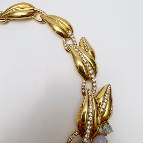 Vintage Foiled Faux Opal Glass Cabochon Rhinestone Leaf Necklace & Bracelet Set - Picture 11 of 16
